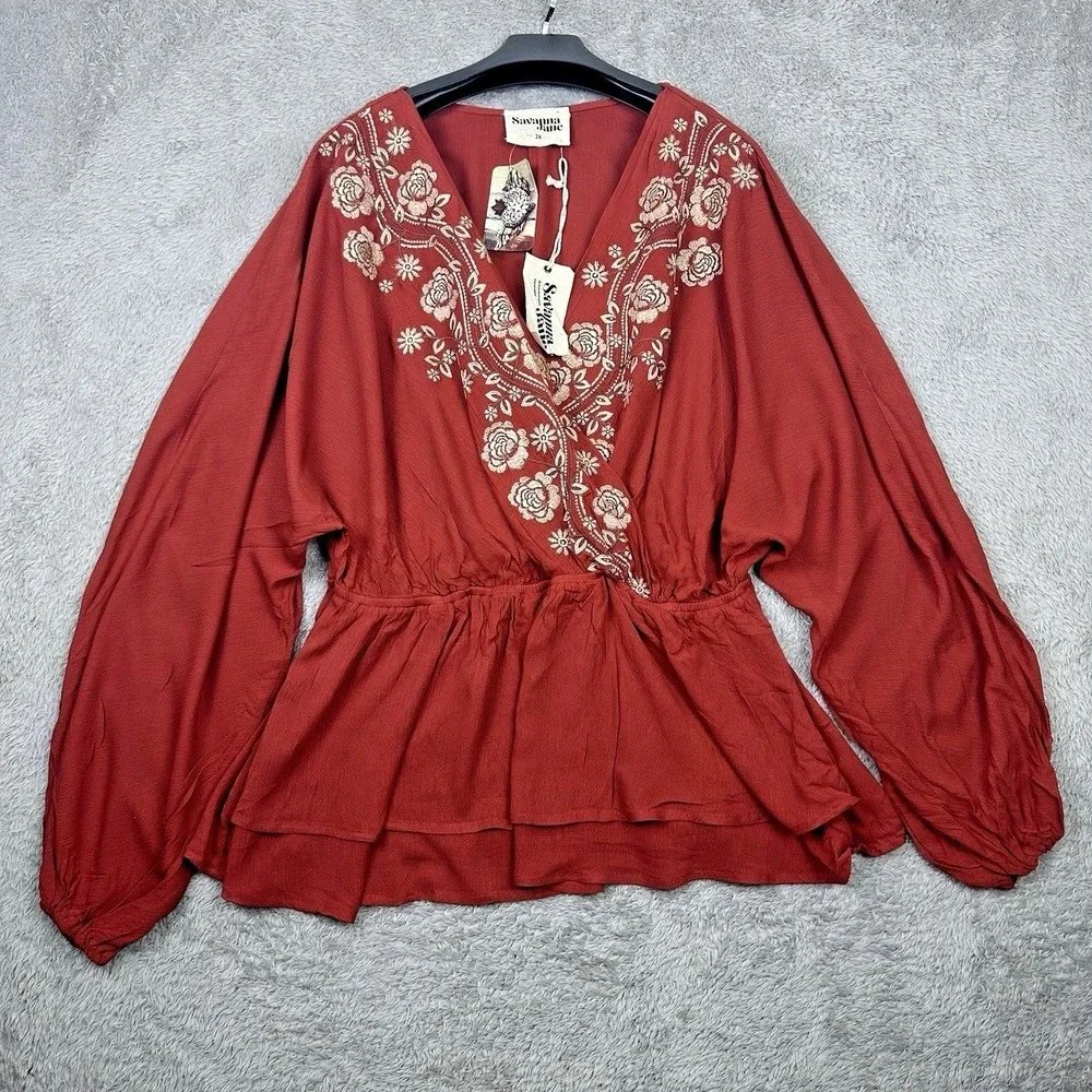 Savanna Jane 2X Embroidered Boho Romanticcore Festival Peplum Blouse Rust Red - Picture 13 of 14